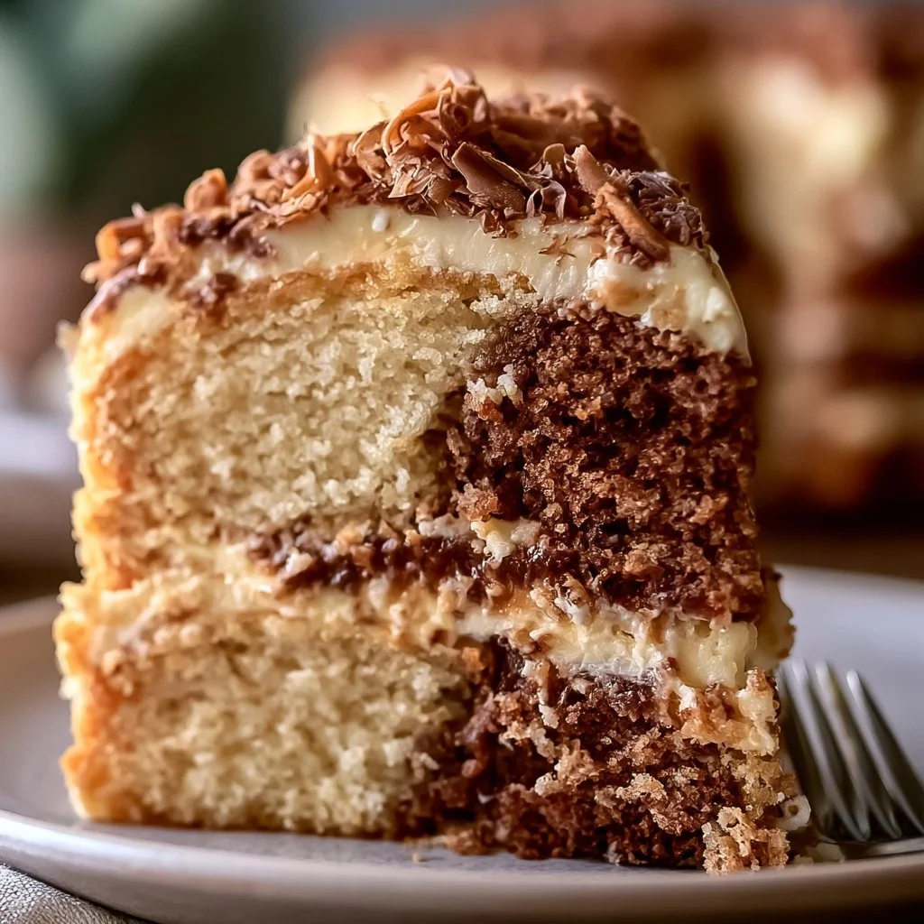Delicious Easy Texas Tornado Cake topped with chocolate and pecans