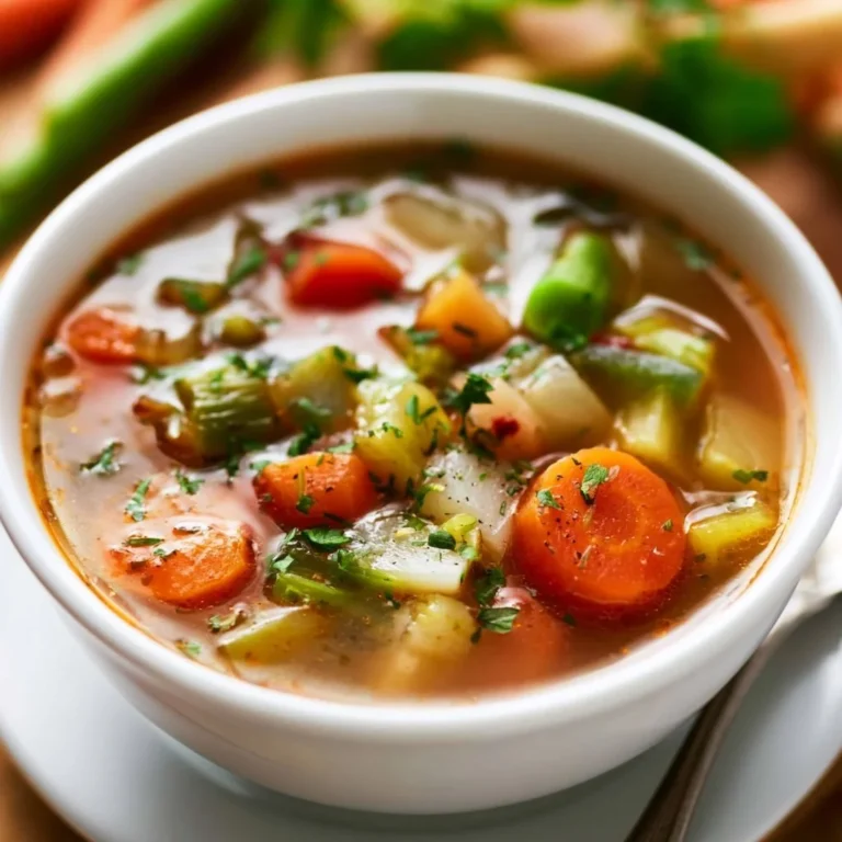 Bowl of easy vegetable soup with fresh vegetables and herbs