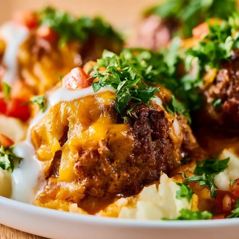Bowl of enchilada meatballs with spicy sauce and garnishes