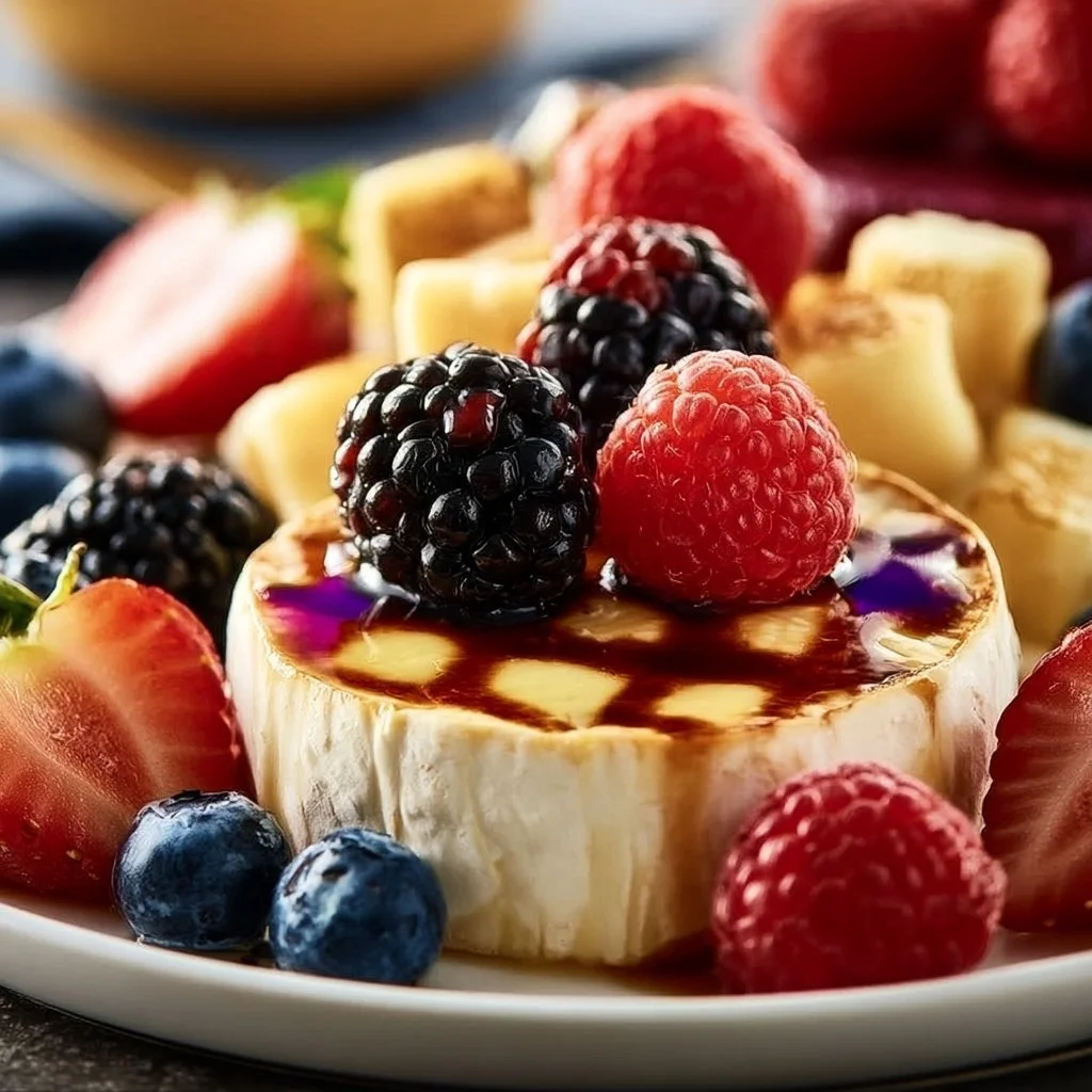 A beautifully arranged fruit cheese dessert board featuring various fruits and cheeses.