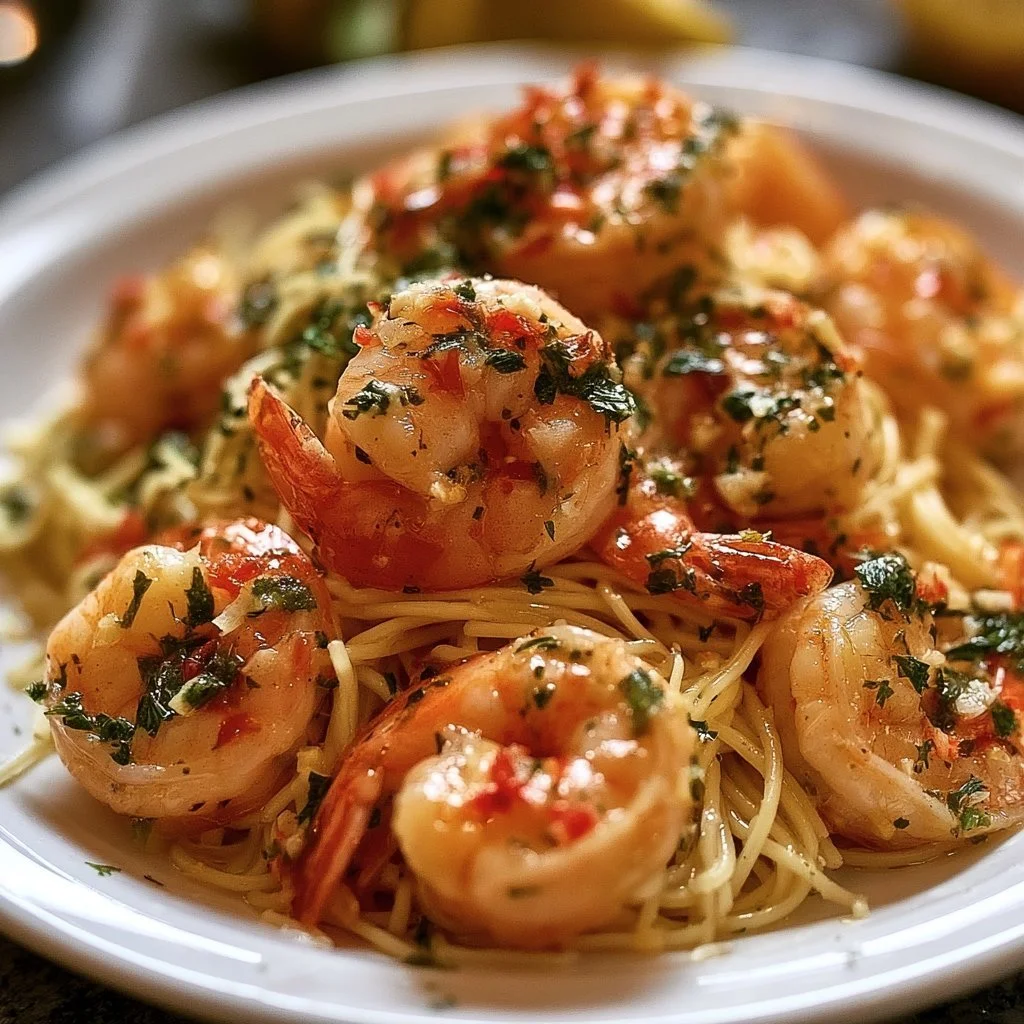 Delicious garlic butter shrimp scampi served with pasta and garnish.
