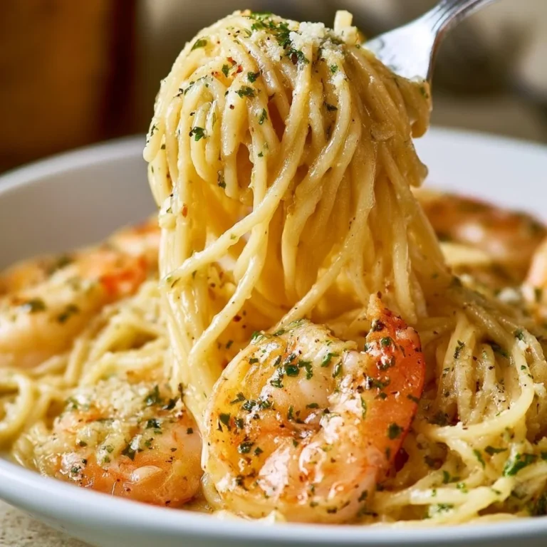 Garlic Butter Shrimp Scampi Pasta garnished with parsley and lemon slices