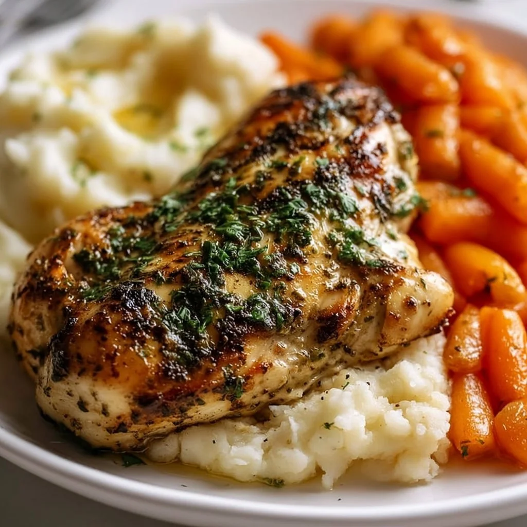 Delicious Garlic Herb Chicken served with mashed potatoes and glazed carrots.