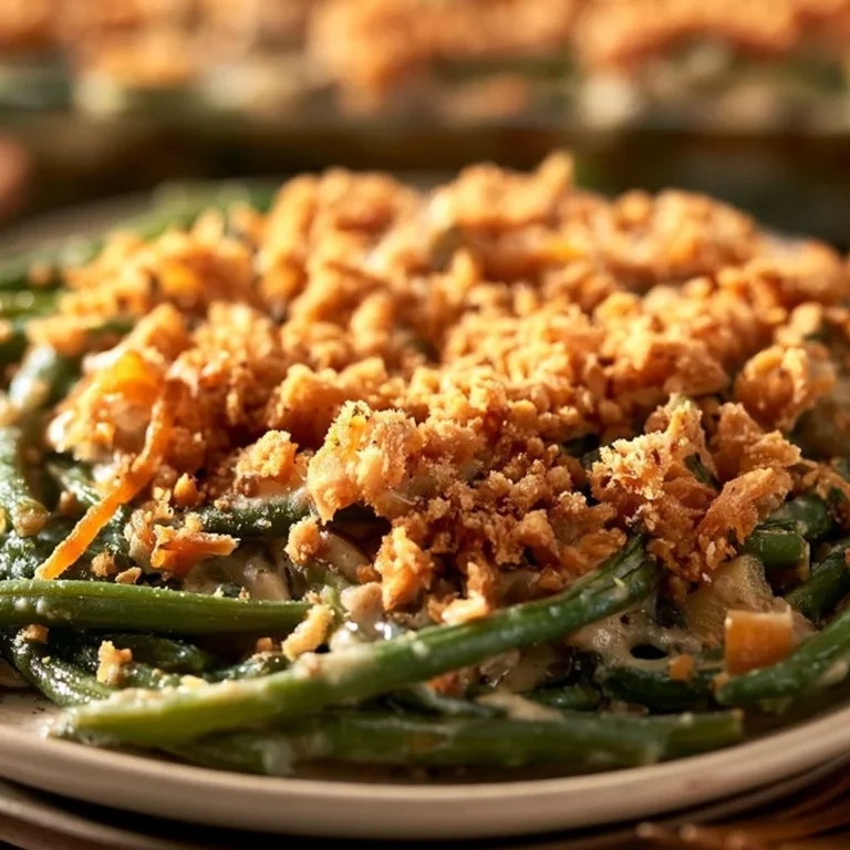Delicious garlic parmesan green bean casserole served in a dish