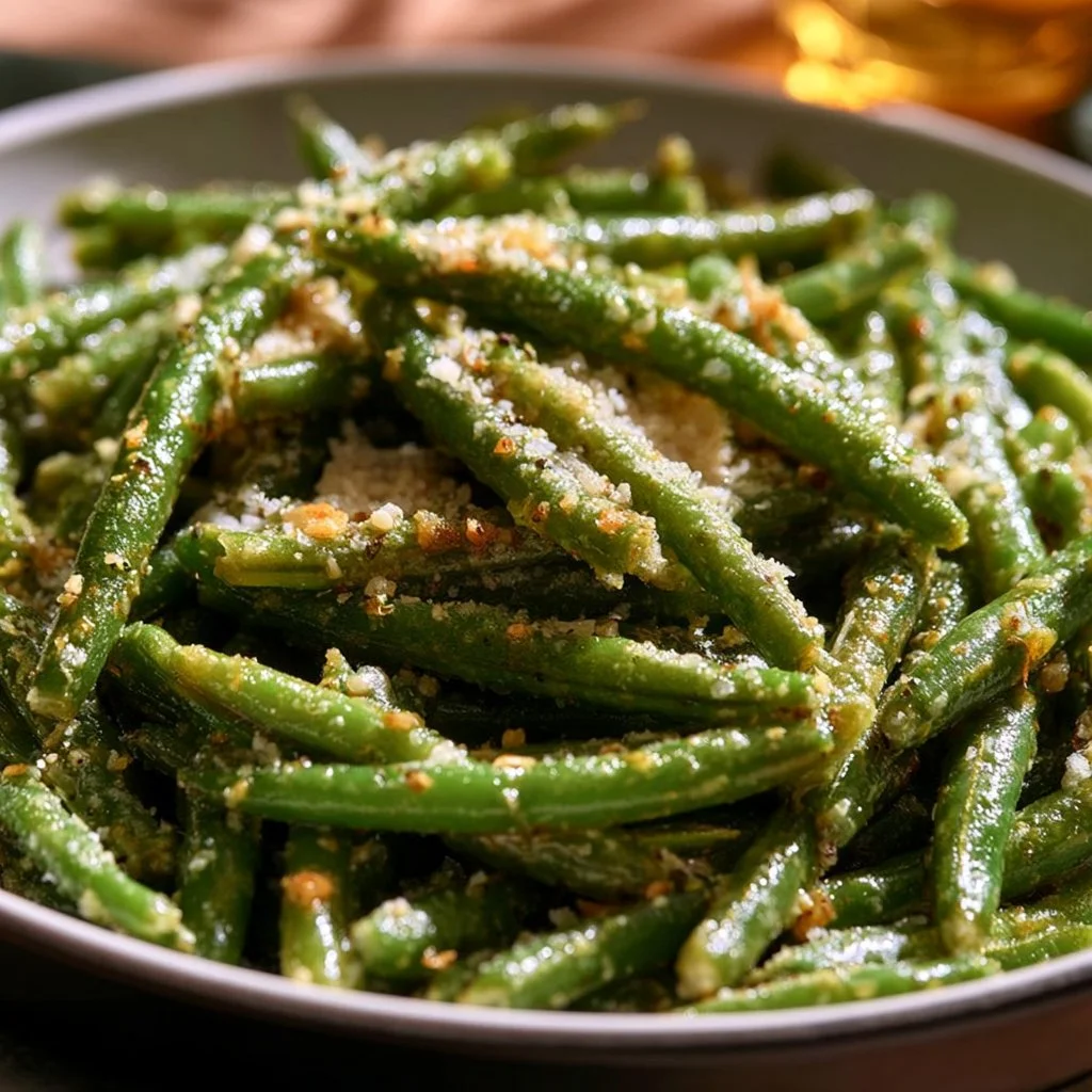 Delicious Garlic Parmesan Green Beans garnished with parmesan cheese.