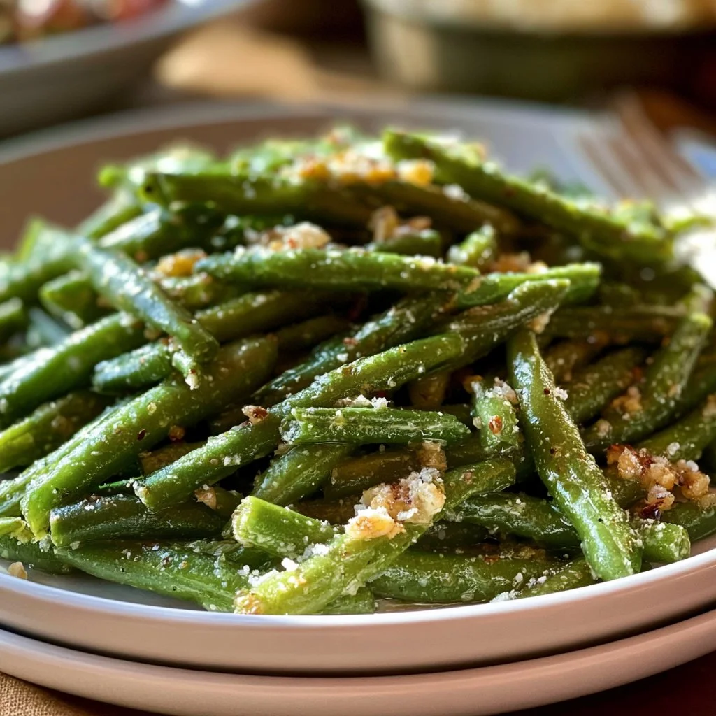 Garlic Parmesan Green Beans served in a bowl with garlic and parmesan cheese