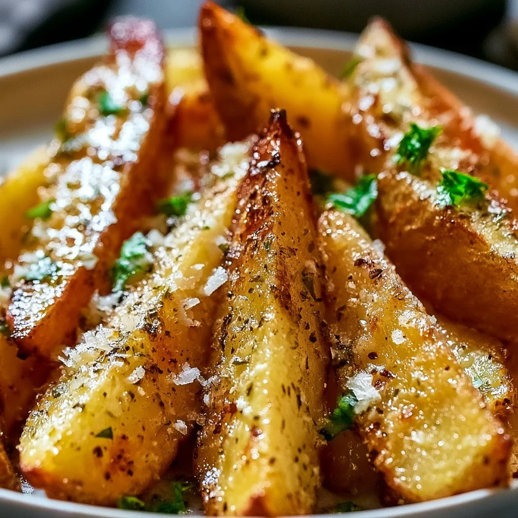 Delicious Garlic Parmesan Potato Wedges served in a bowl