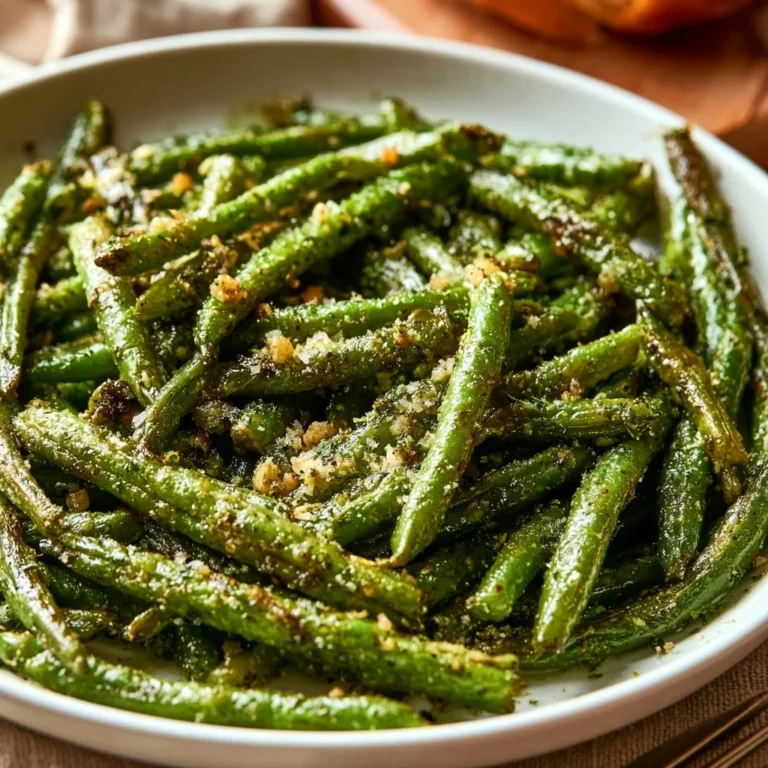 Garlic Parmesan roasted green beans served on a white plate
