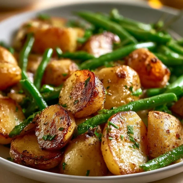 Garlic potatoes and green beans served on a plate with herbs