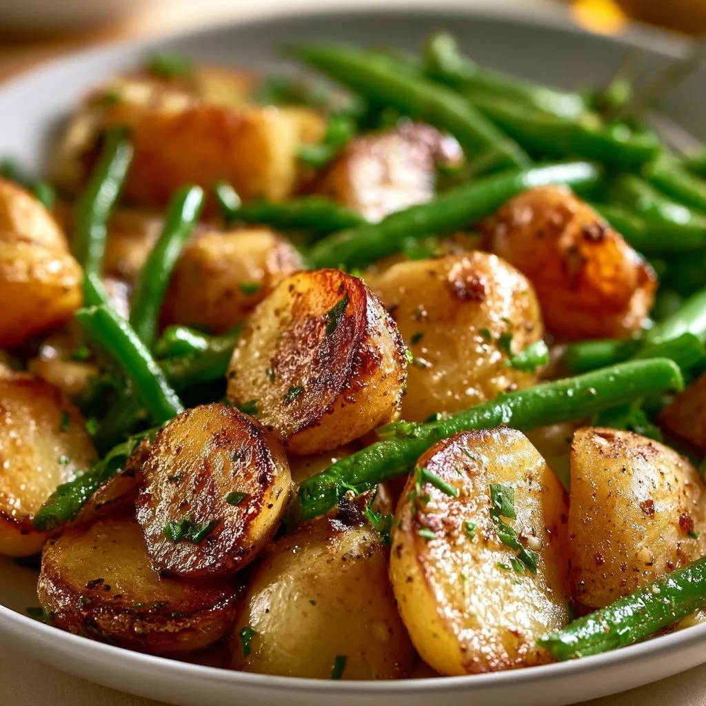 Garlic potatoes and green beans served on a plate with herbs