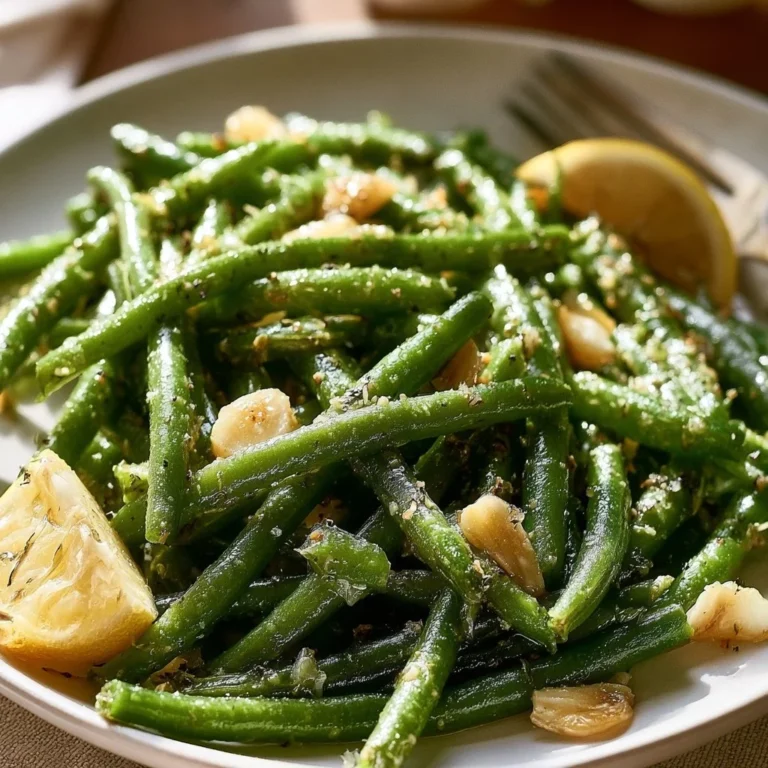 Delicious garlicky green beans served on a plate