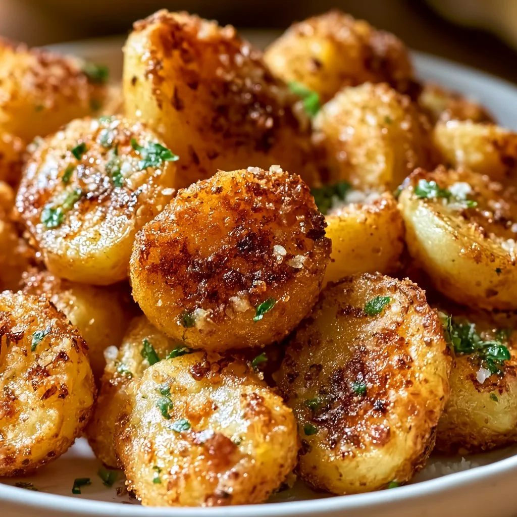 Golden crispy garlic butter parmesan potatoes garnished with fresh herbs