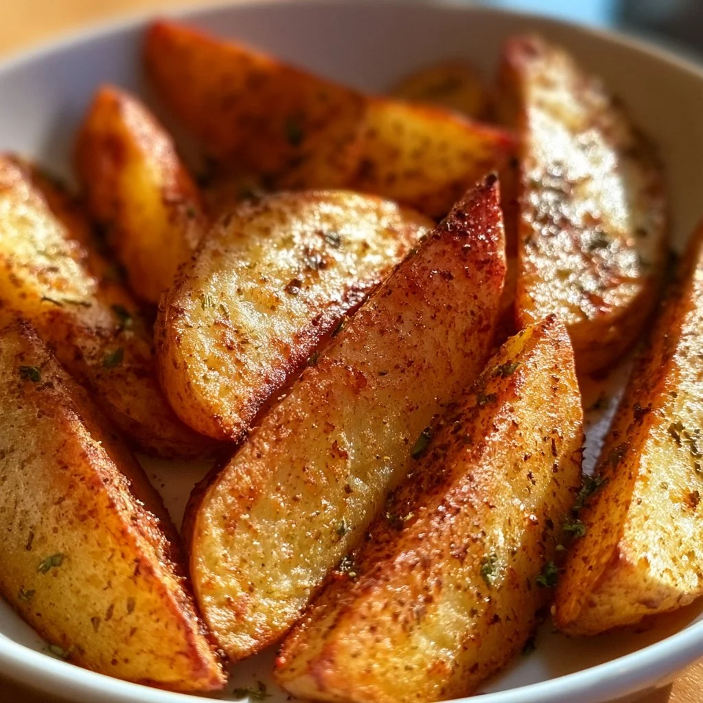 Golden oven baked potato wedges served in a bowl