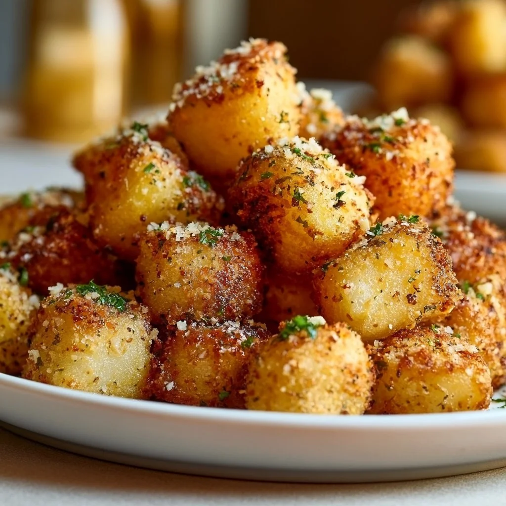 Golden Parmesan Crunch Potatoes garnished and ready to serve
