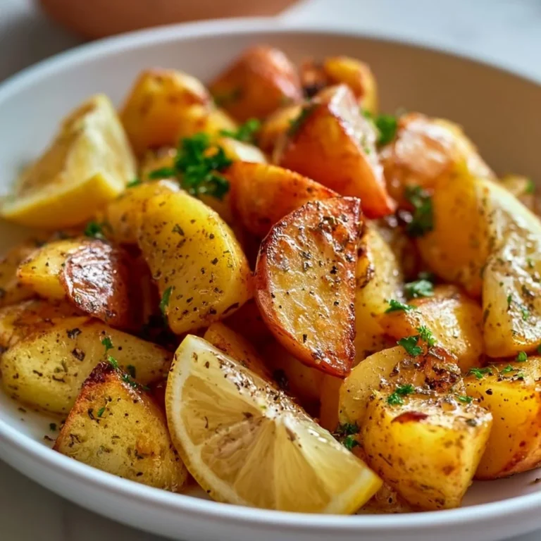 Greek Lemon Potatoes with herbs and lemon seasoning in a serving bowl