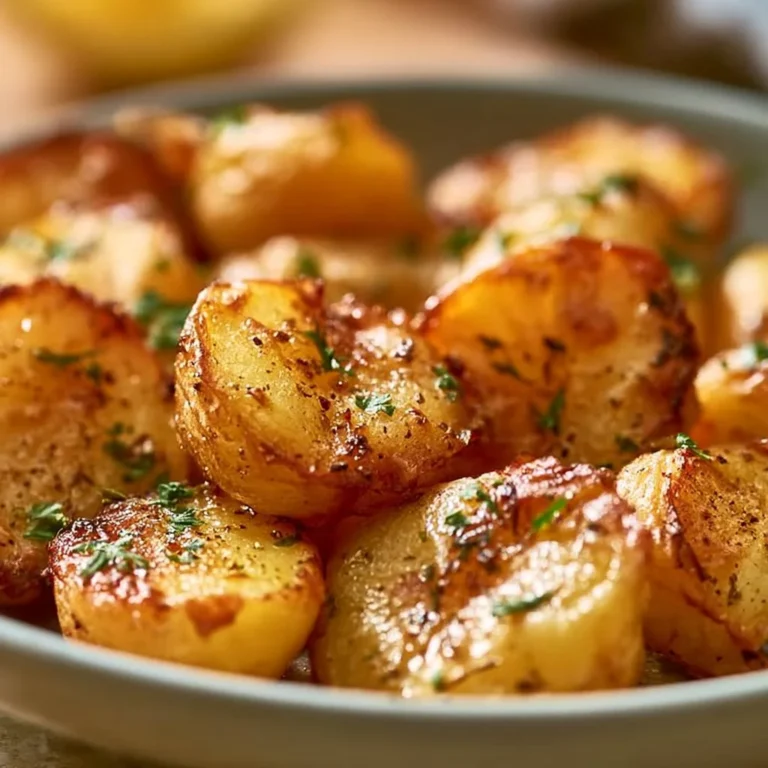 Plate of crispy lemon Greek potatoes garnished with fresh herbs