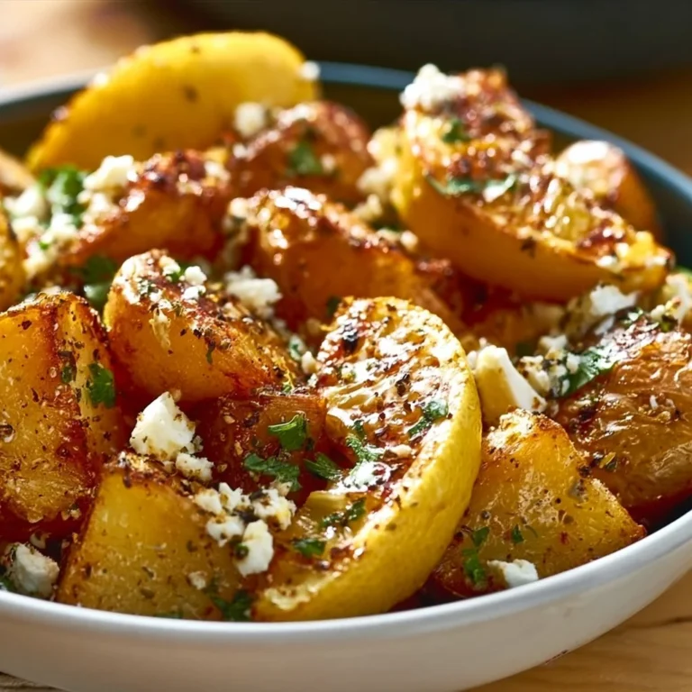 Greek roast potatoes with lemon and feta, garnished and ready to serve.