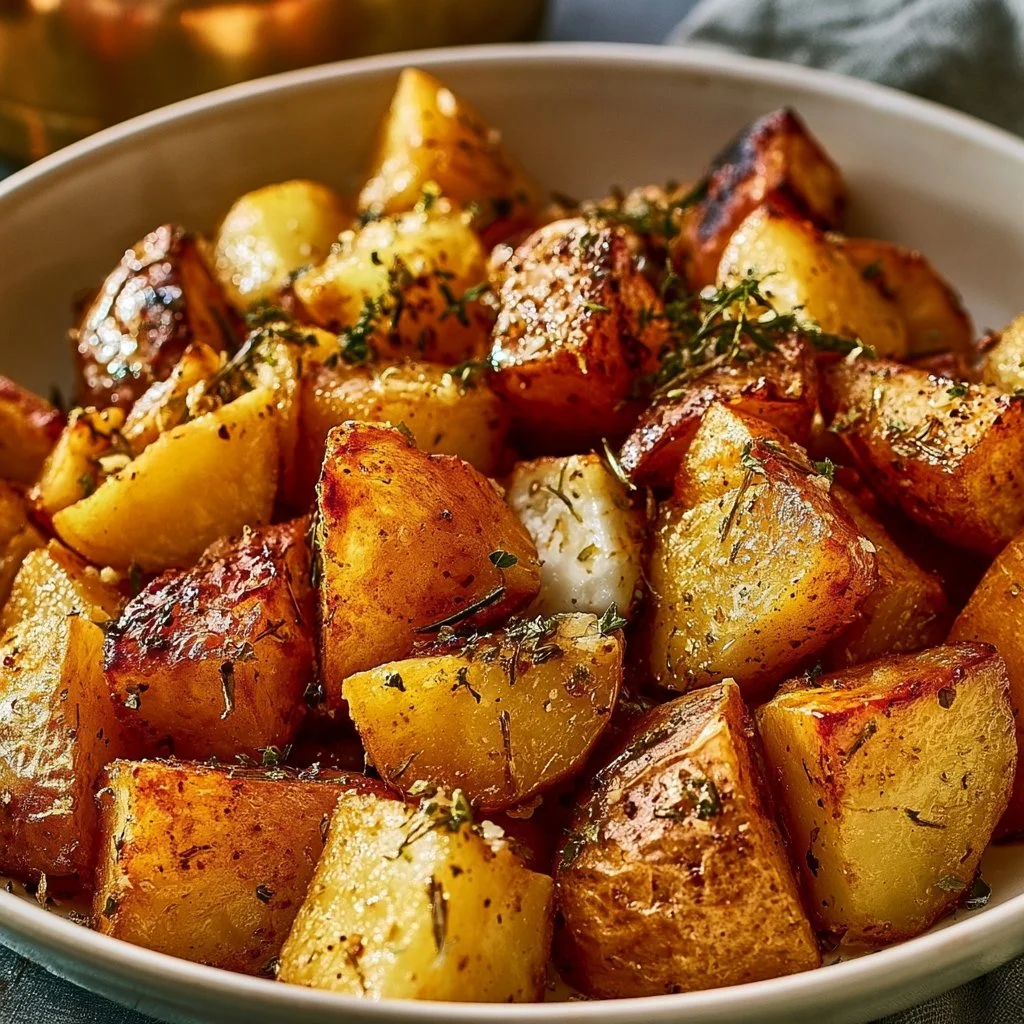 Delicious Greek roasted potatoes served on a plate with herbs