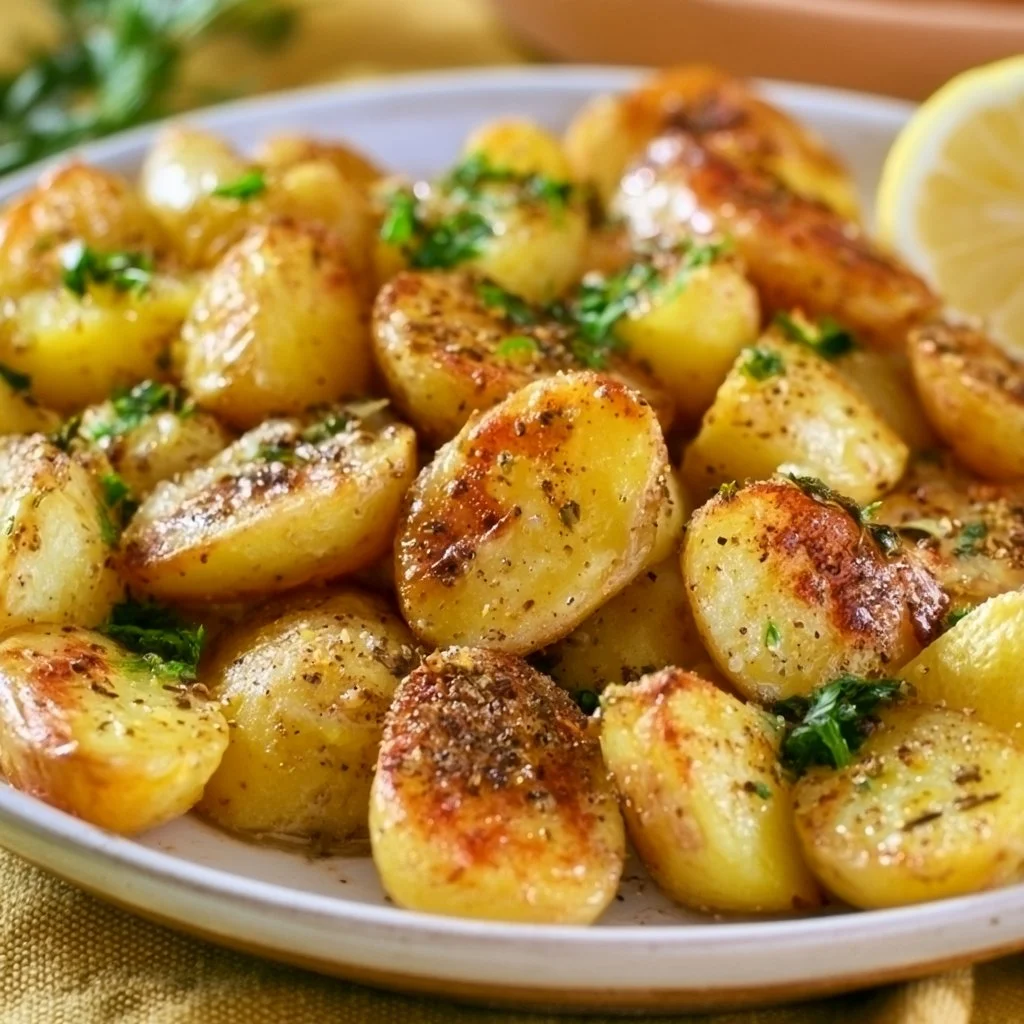 Greek style roasted lemon butter potatoes served with fresh herbs