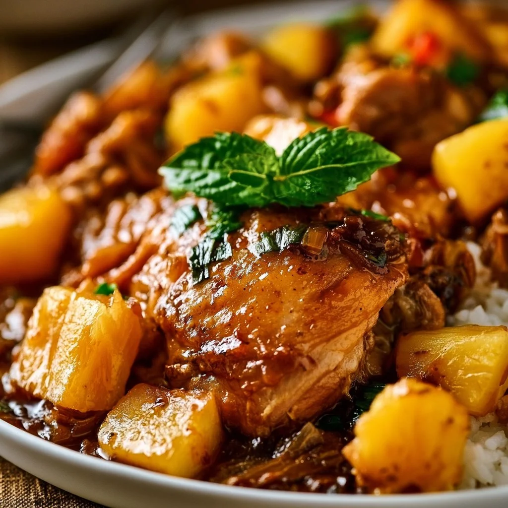Delicious Hawaiian Crockpot Chicken served with rice and pineapple