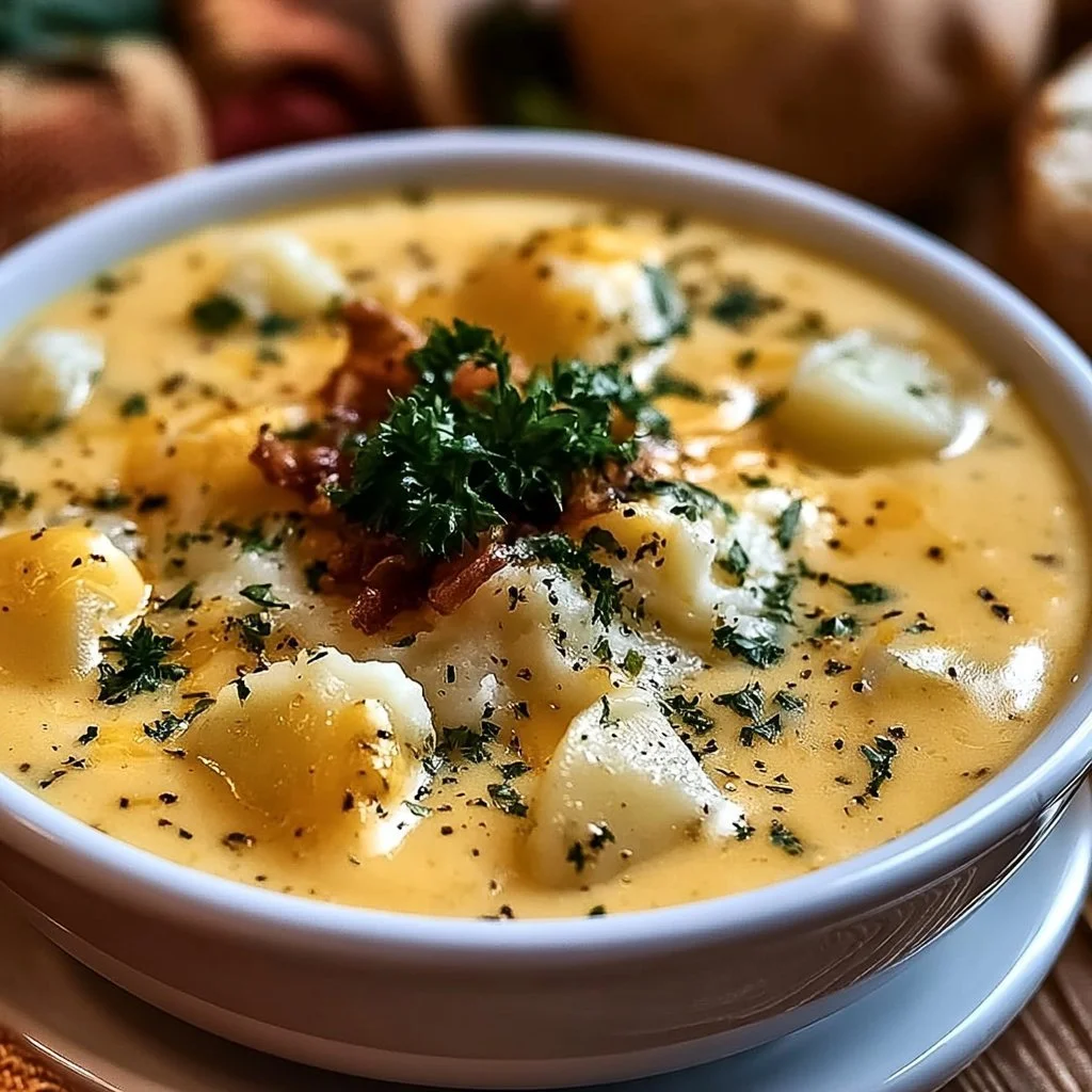 Bowl of hearty cheddar garlic herb potato soup garnished with herbs