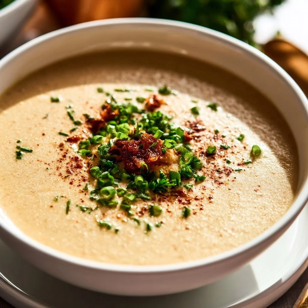 High-protein cream of protein soup served in a bowl with fresh herbs.