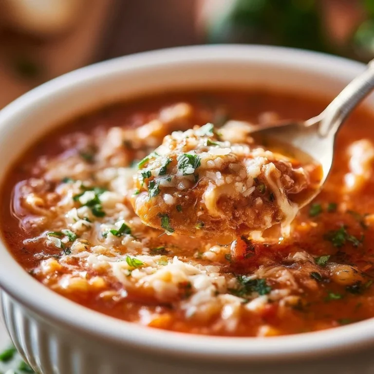 Bowl of high protein lasagna soup topped with cheese and herbs