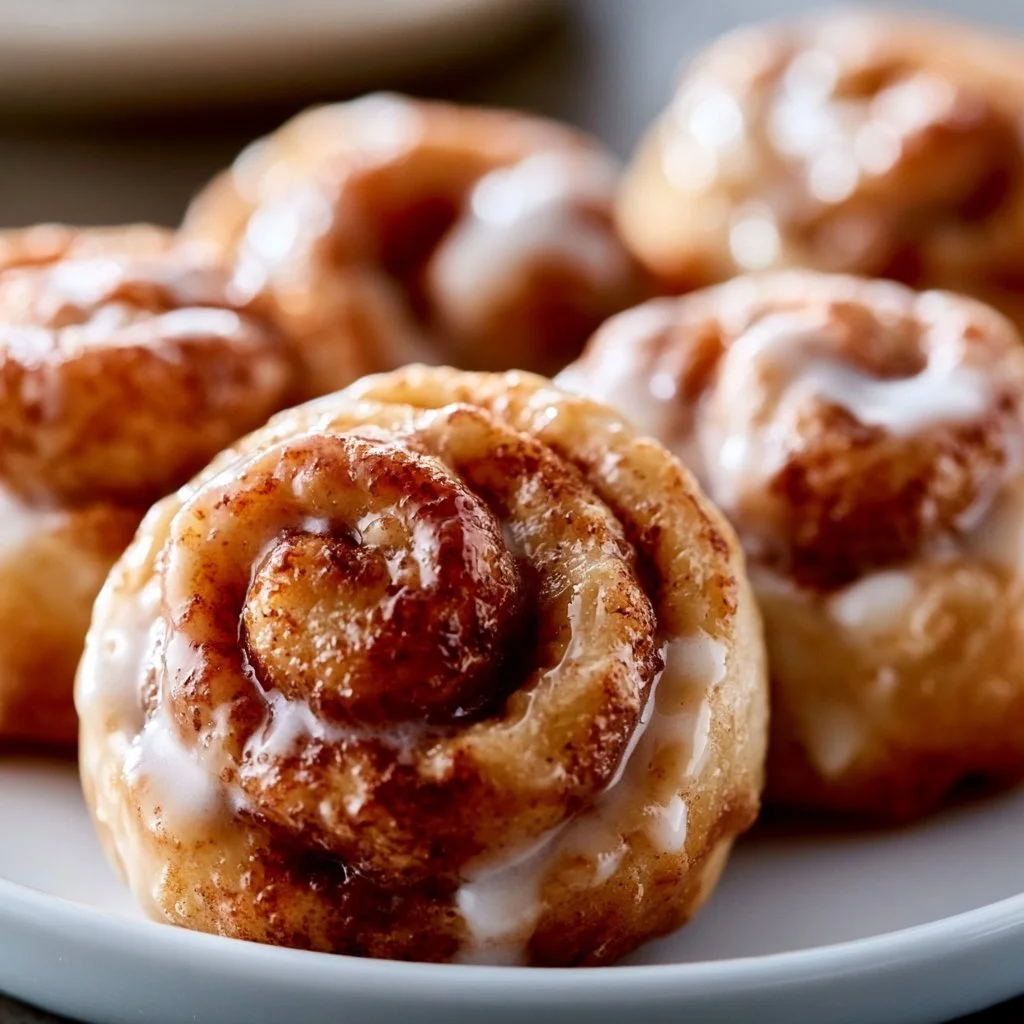 Delicious homemade cinnamon roll bites drizzled with icing on a plate