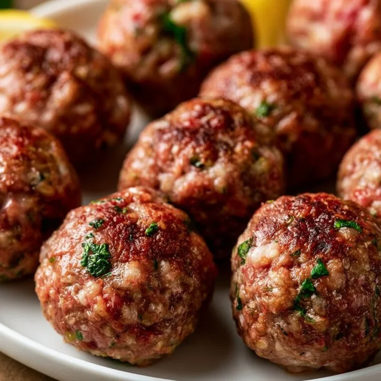 Plate of homemade meatballs with marinara sauce and herbs