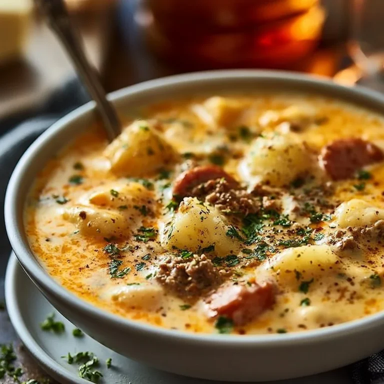 Indulgent Beer Cheese Potato Soup topped with sausage and garnished with herbs