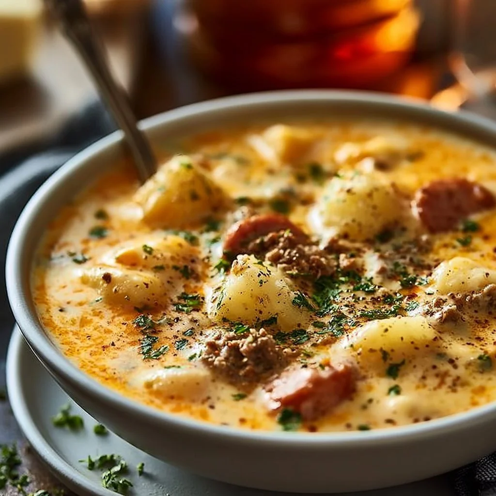 Indulgent Beer Cheese Potato Soup topped with sausage and garnished with herbs