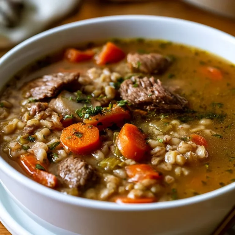 Bowl of Instant Pot Beef Barley Soup garnished with herbs and fresh vegetables