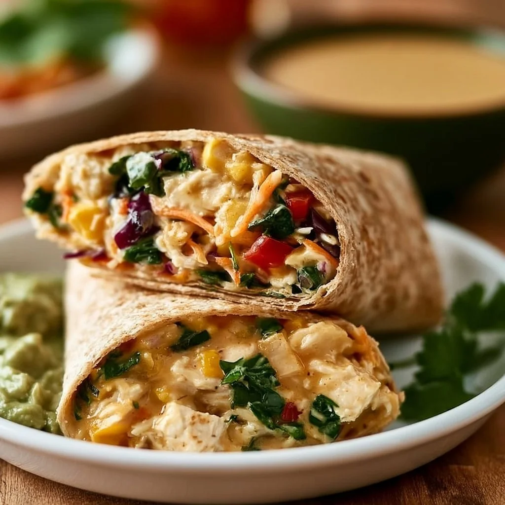 Delicious Thai Chicken Wrap served with crunchy Asian slaw on a plate.