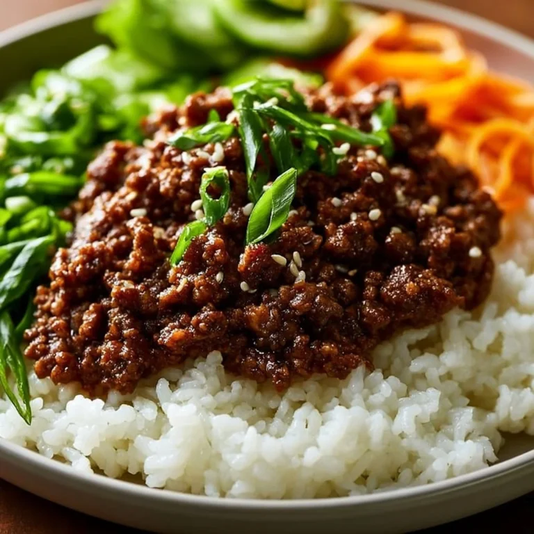 Korean Ground Beef Bowl with rice and vegetables garnished with sesame seeds