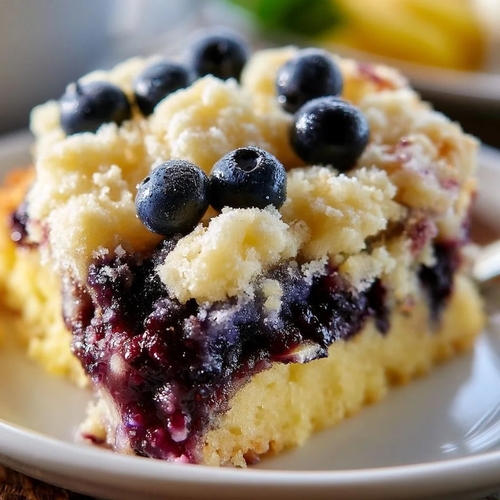 Lemon blueberry cheesecake dump cake topped with fresh blueberries