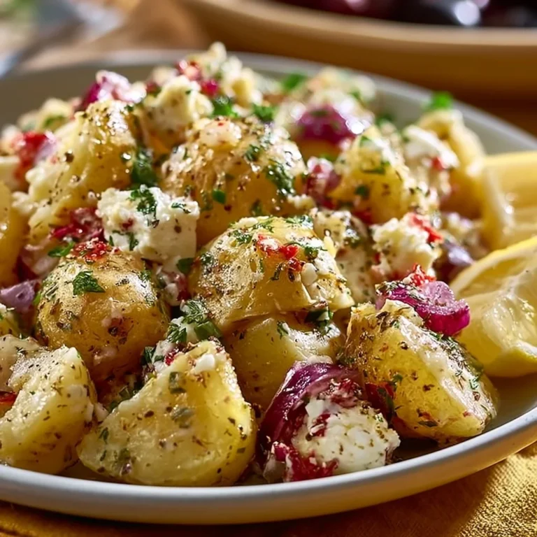 Delicious lemon feta potato salad garnished with herbs and lemon slices