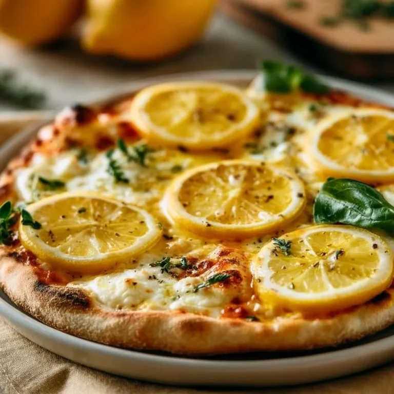 Lemon pizza topped with ricotta, mozzarella cheese, and fresh thyme