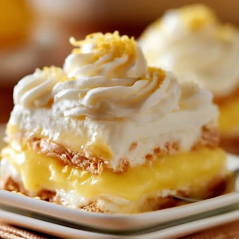 No-bake lemon eclair cake with creamy lemon filling and graham cracker layers