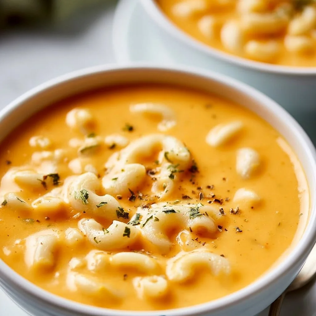 Bowl of creamy Mac and Cheese Soup topped with cheese and herbs