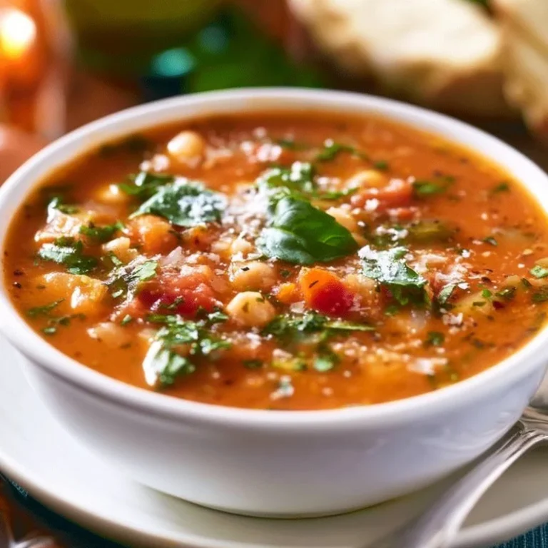 Bowl of Mediterranean soup with fresh ingredients and herbs