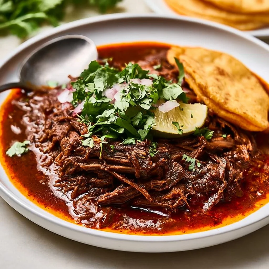 Delicious Mexican Beef Birria served with toppings and fresh tortillas