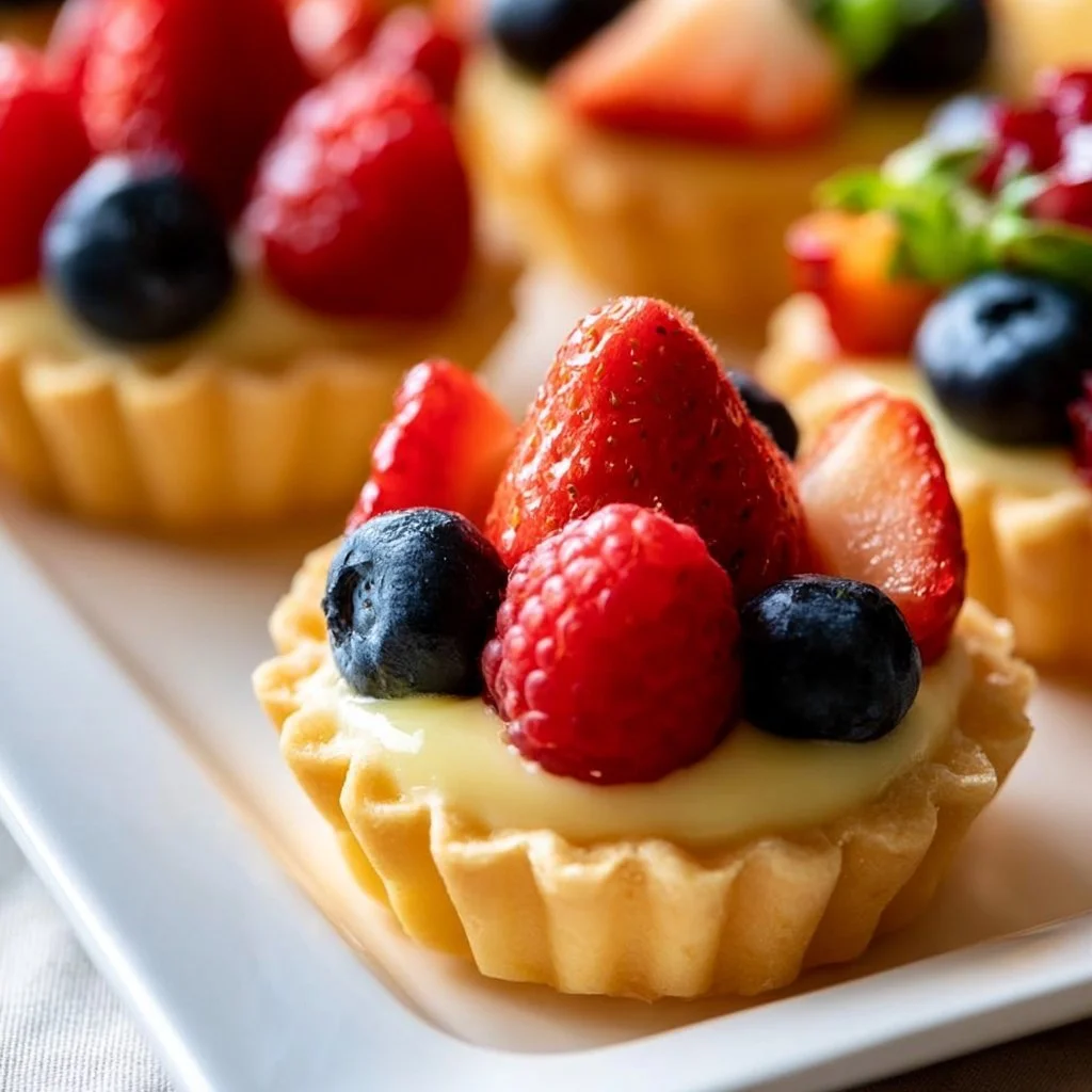 Mini fruit tarts topped with fresh berries and cream on a flaky crust.