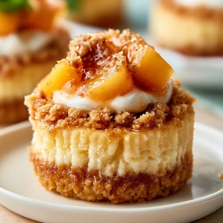 Mini peach cobbler cheesecakes served on a plate with fresh peaches