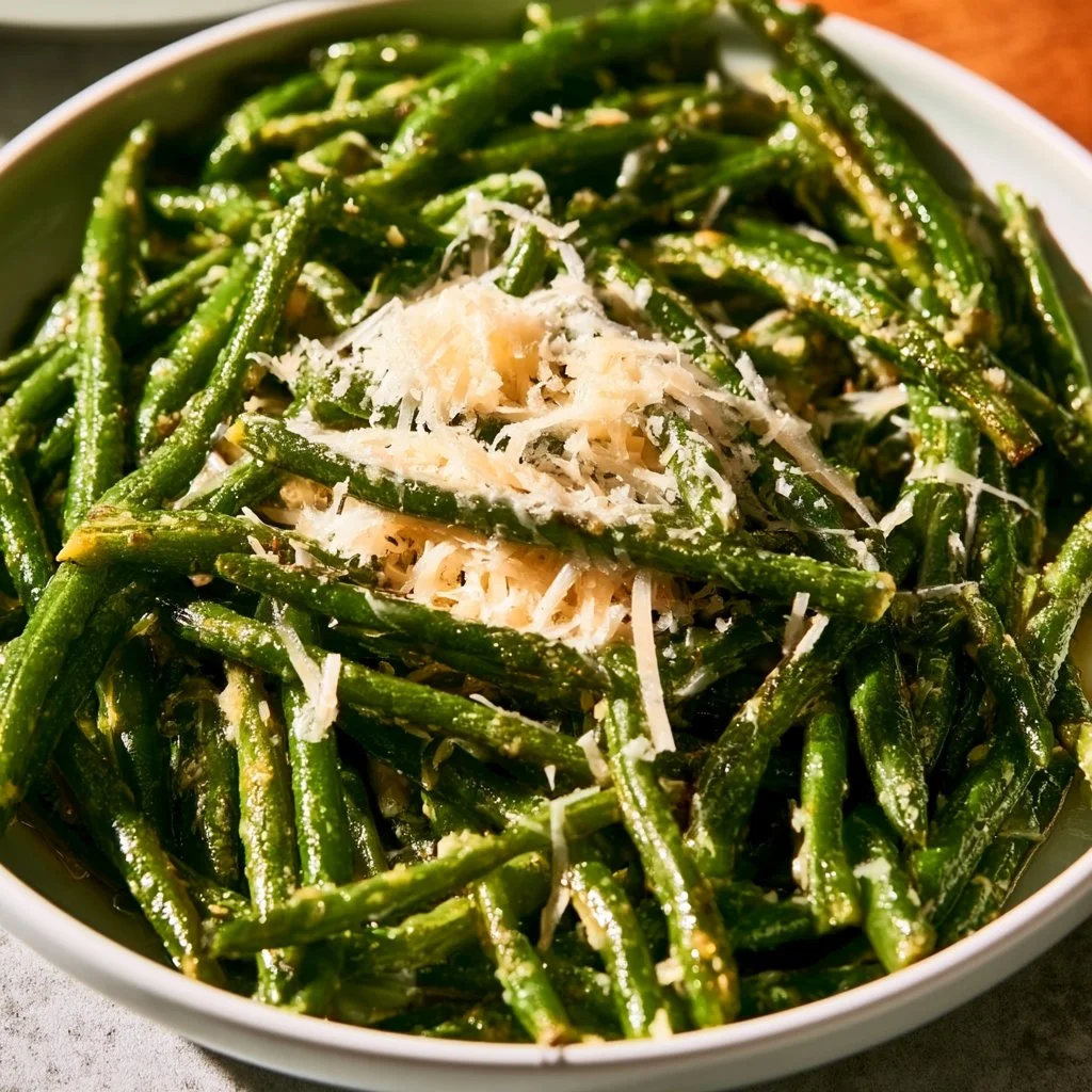 Ninja Foodi fresh green beans topped with Parmesan cheese