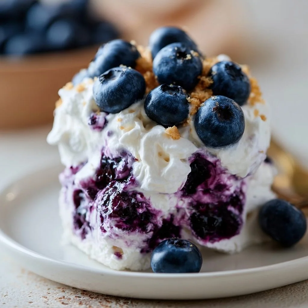 No-Bake Blueberry Cheesecake Fluff dessert topped with fresh blueberries