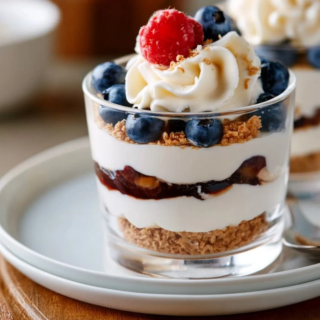 Delicious no-bake cheesecake parfait with creamy layers and fresh fruit toppings