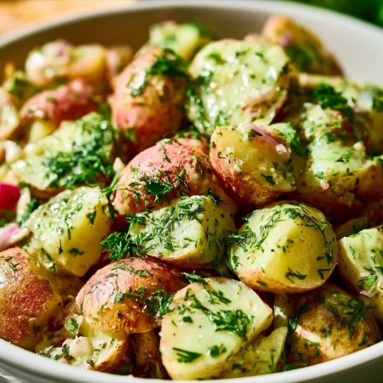 No Mayo Potato Salad with fresh herbs in a bowl, colorful and healthy dish.
