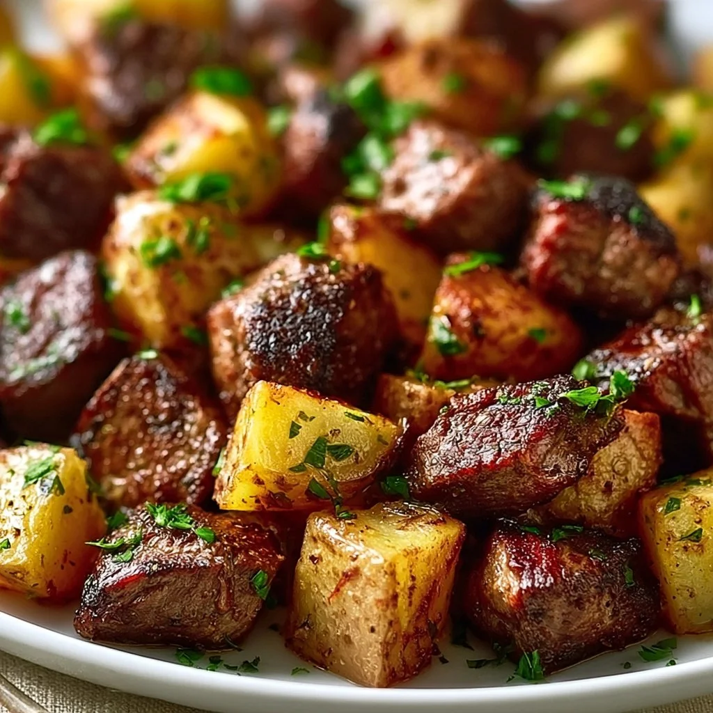 One-pan steak bites with potatoes served on a plate