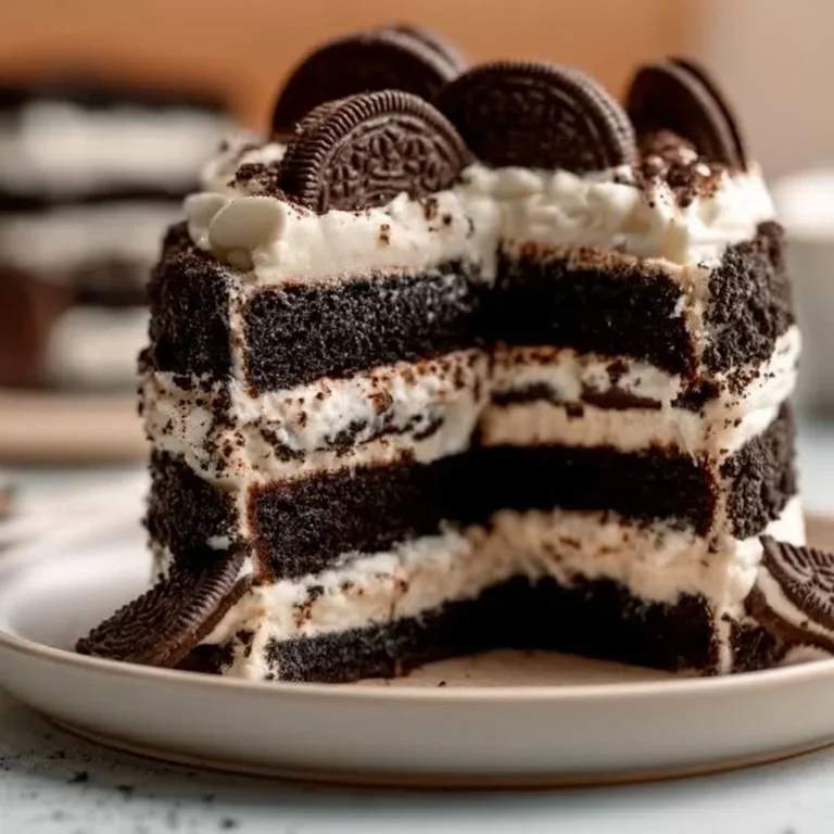 Decadent Oreo Layer Cake topped with Cream Cheese Frosting and Oreo crumbles