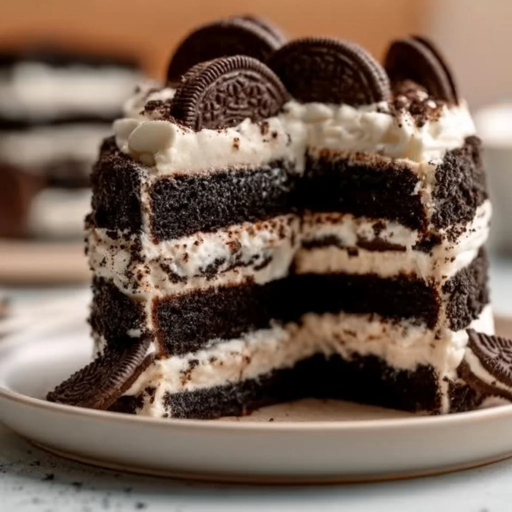 Decadent Oreo Layer Cake topped with Cream Cheese Frosting and Oreo crumbles